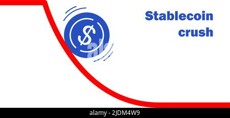 Stablecoin crash in downtrend. Stable coin price falls down. Cryptocurrency crisis falling coin icon and arrow vector illustration. Stock Vector
