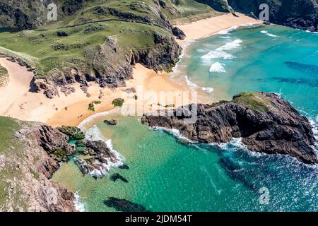 Aerial view of the Murder Hole beach, officially called Boyeghether Bay in County Donegal, Ireland. Stock Photo