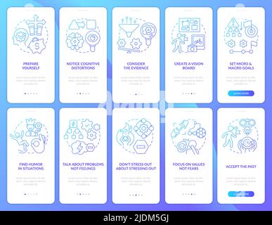 Adaptability blue gradient onboarding mobile app screen set Stock Vector