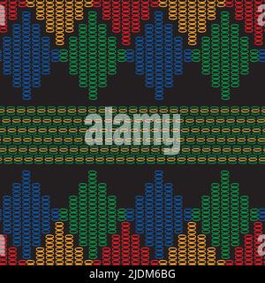 Ikat stitch effect and loop stripe vector seamless pattern. Hand drawn textured needlework diamond shapes background. rhombus backdrop. Dark folk art Stock Vector