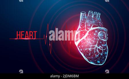 Human heart wireframe. World heart day concept. Banner template glowing low poly. Futuristic modern abstract. Isolated on dark background. Vector illu Stock Vector