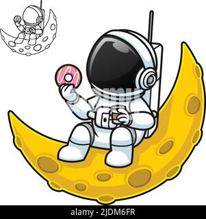 Astronaut Holding Coffee and Donuts on Crescent Moon with Black and White Line Art Drawing, Science Outer Space, Vector Character Illustration Stock Vector