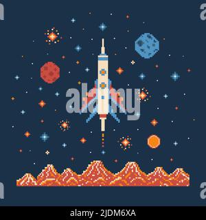 8 bit Pixel Art Rocket in Outer Space Stock Vector