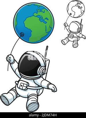 Cute Astronaut Flying Holding Earth Globe Balloon with Black and White Line Art Drawing, Science Outer Space, Vector Character Illustration Stock Vector