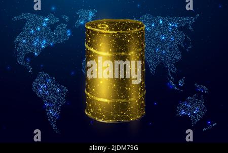 Barrel oil with globe map. Glowing barrel of petroleum. Wireframe low poly graphics. Isolated on dark blue background. Vector illustration. Stock Vector