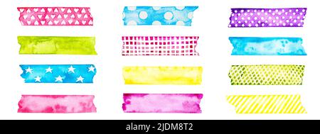 Bright multi-colored set of decorative ribbon strips. Watercolor stickers for planner, scrapbooking, crafts and more. Stock Photo