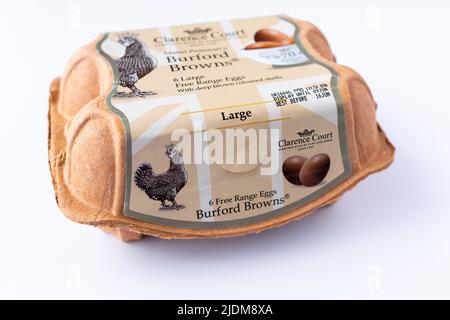 Box/carton of Clarence Court Burford Browns large free range eggs Stock Photo