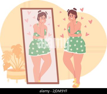 Happy plump woman looking in mirror 2D vector isolated illustration Stock Vector