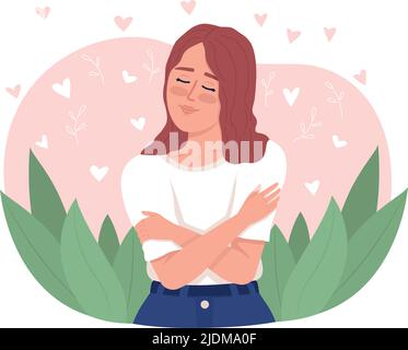 Smiling woman hugging herself 2D vector isolated illustration Stock Vector