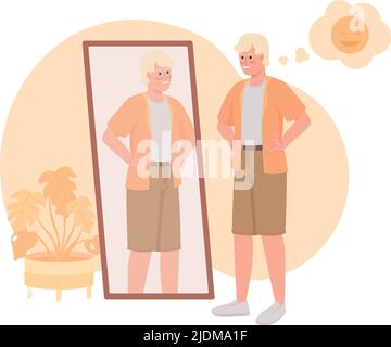 Handsome man looking in mirror 2D vector isolated illustration Stock Vector