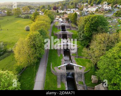 Aerial view of Bingley Five-Rise Locks is a staircase lock on the Leeds and Liverpool Canal at Bingley, West Yorkshire, UK Stock Photo