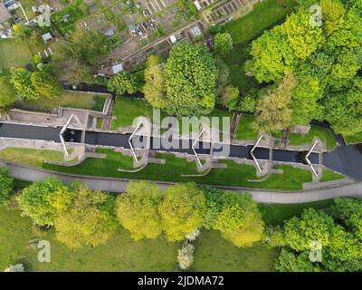 Aerial view of Bingley Five-Rise Locks is a staircase lock on the Leeds and Liverpool Canal at Bingley, West Yorkshire, UK Stock Photo