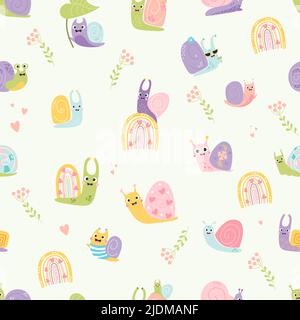 Seamless pattern with cute snails. Decorative insects happy clams with hearts, rainbow and cocktail on white background. Vector illustration. For kids Stock Vector