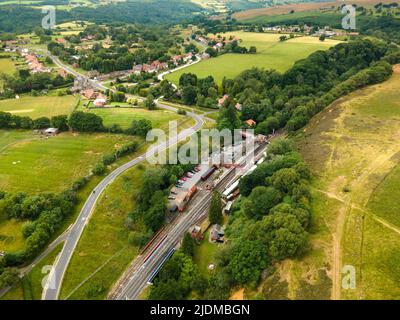 Aerial View of Goathland Station and Village, North Yorkshire Moors, UK Stock Photo