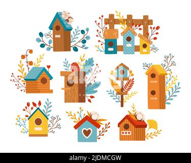 Autumn birdhouse fall season set vector elements Stock Vector