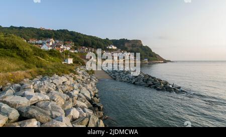 Early morning aerial view of the small North Yorkshire coastal Village Aerial of Runswick Bay, North Yorkshire Stock Photo