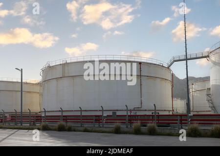 White petrochemical storage tanks or tank farm Stock Photo