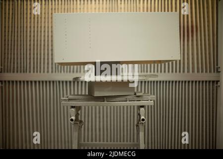 Items in garage. Workplace for creating structure. Production shop. Working tools on table. Stock Photo