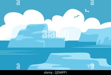 Arctic northern landscape with sea and icebergs. Ice floes float in cold water. Nature of the north. Polar wildlife. Vector cartoon illustration with Stock Vector