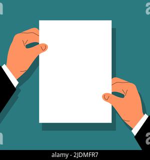 The hands holds a paper business contract document. Desk background. Employment agreement, inheritance, testament. Blank white paper. Flat vector illu Stock Vector