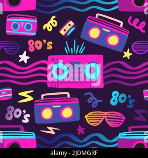 Retro record player music seamless pattern. Tape recorder 80s cassette purple background Stock Vector