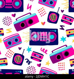 Retro record player seamless pattern. Tape recorder 80s cassette funky background Stock Vector