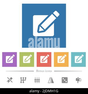 Editing box with pencil solid flat white icons in square backgrounds. 6 bonus icons included. Stock Vector