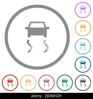 Slippery road dashboard indicator flat color icons in round outlines on white background Stock Vector