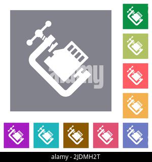 Micro sd memory card compress solid flat icons on simple color square backgrounds Stock Vector