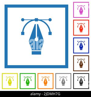 Editing vector curve with pen tool flat color icons in square frames on white background Stock Vector