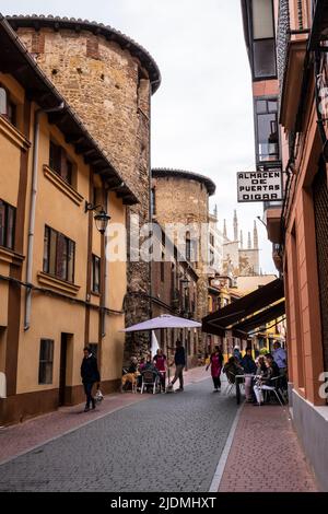 Spain, Leon. Modern Residential and Commercial Construction Blends into Remnants of the Roman Wall and Later Medieval Towers. Stock Photo