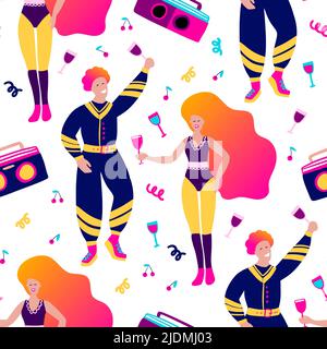 People disco party seamless vector girl and boy pattern. 80s flat woman and man background Stock Vector