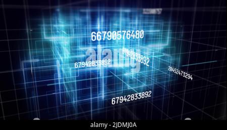 Image of numbers processing over blue lines on black background Stock Photo