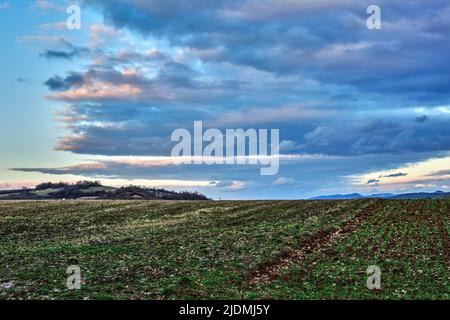 Rural landscape with dramatic blue sky and colorful clouds over the field at dusk. Shortly after sunset. Natural background. Chocholna, Slovakia. Stock Photo