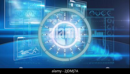 Image of light moving over processing circle on scientific graph and data Stock Photo