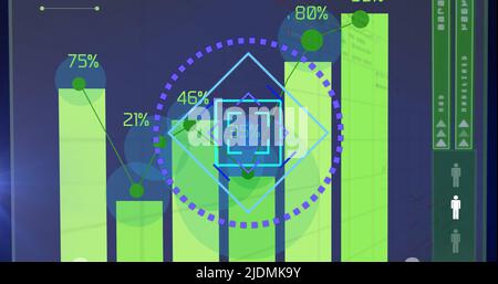 Image of light moving over processing circle on scientific graph and data Stock Photo