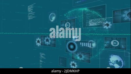 Image of data processing and globe on blue background Stock Photo