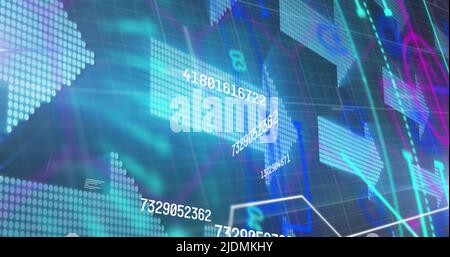 Image of data processing and arrows in blue digital space Stock Photo