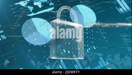 Image of data processing and padlock on blue background Stock Photo