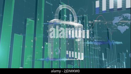 Image of data processing and padlock on blue background Stock Photo