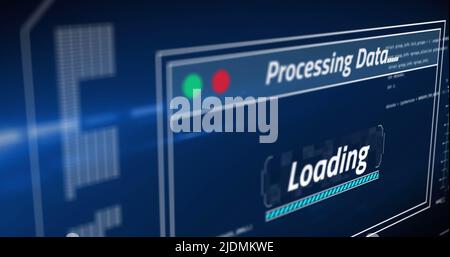 Image of data processing and light spots on blue background Stock Photo