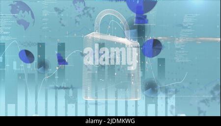 Image of data processing and padlock on blue background Stock Photo