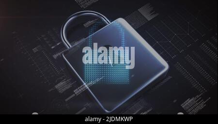 Image of padlock and data processing on black background Stock Photo