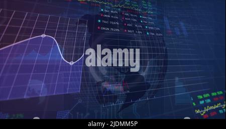 Image of financial data and graphs over rotating globe Stock Photo