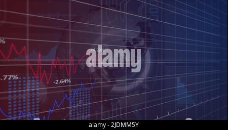 Image of financial data and graphs over rotating globe Stock Photo