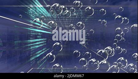 Image of data processing and bubbles over cityscape Stock Photo