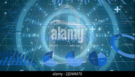 Image of financial data and graphs over digital padlock Stock Photo