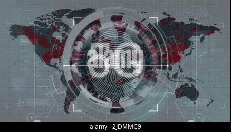 Image of scope scanning and 5g text over world map Stock Photo