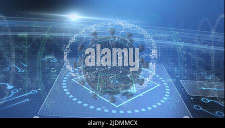 Image of scope scanning and virus cell over brain Stock Photo