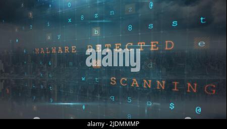 Image of cyber attack warning over cityscape Stock Photo